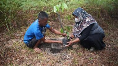 Een man en een vrouw planten een zaailing in aarde