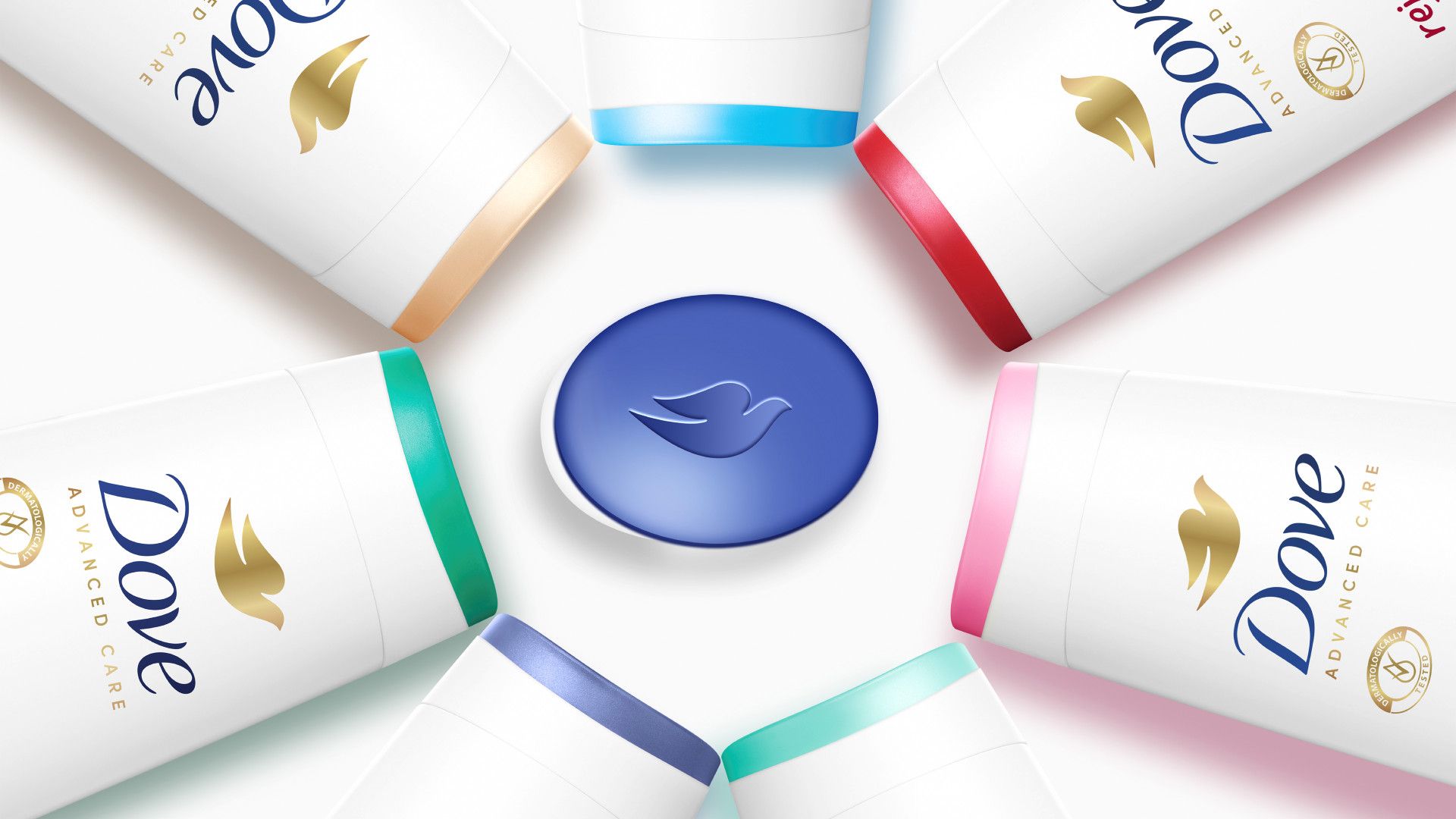 Zes flessen Dove Advanced Care weergegeven in een cirkel rond het Dove-logo.