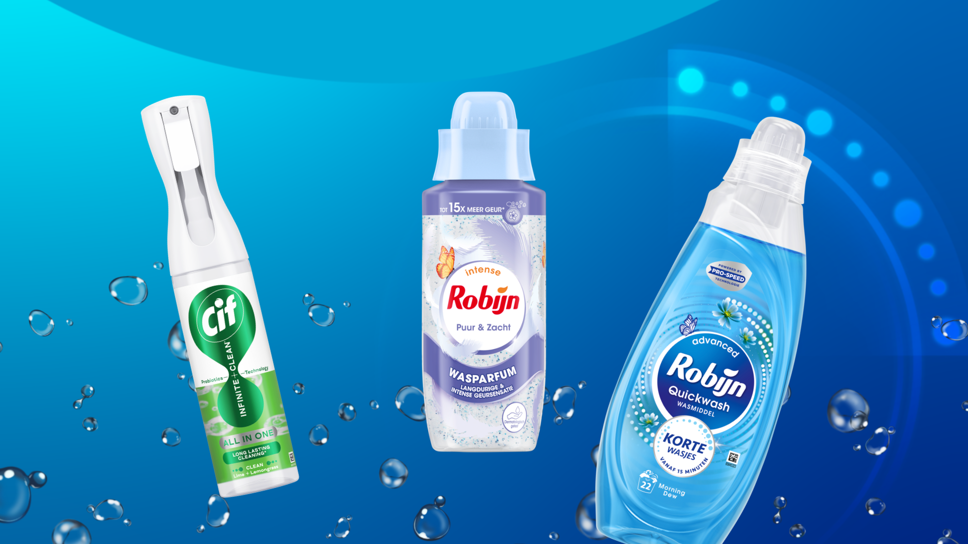 Drie huishoudelijke schoonmaak- en wasproducten, een van Cif, en twee van Robijn, afgebeeld tegen een helderblauwe achtergrond met waterbelletjes.