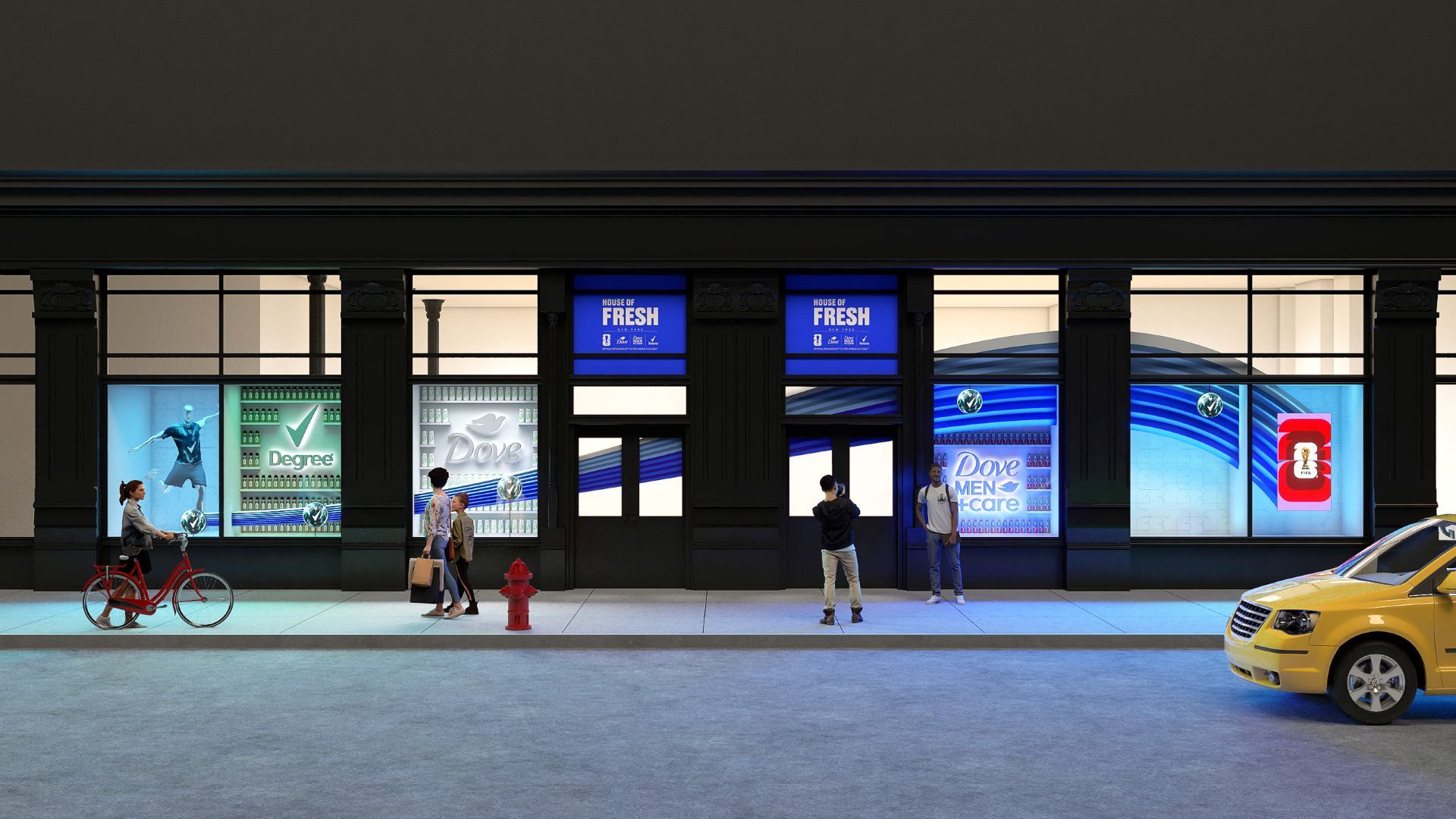 Nachtelijke straatscène met een 'House of Fresh'-etalage met verlichte displays voor Degree, Dove en Dove Men+Care. Schappen vol producten vullen de ramen, voorbijgangers lopen op straat, één persoon fietst en een ander maakt een foto, terwijl een gele taxi op de voorgrond voorbijrijdt.
