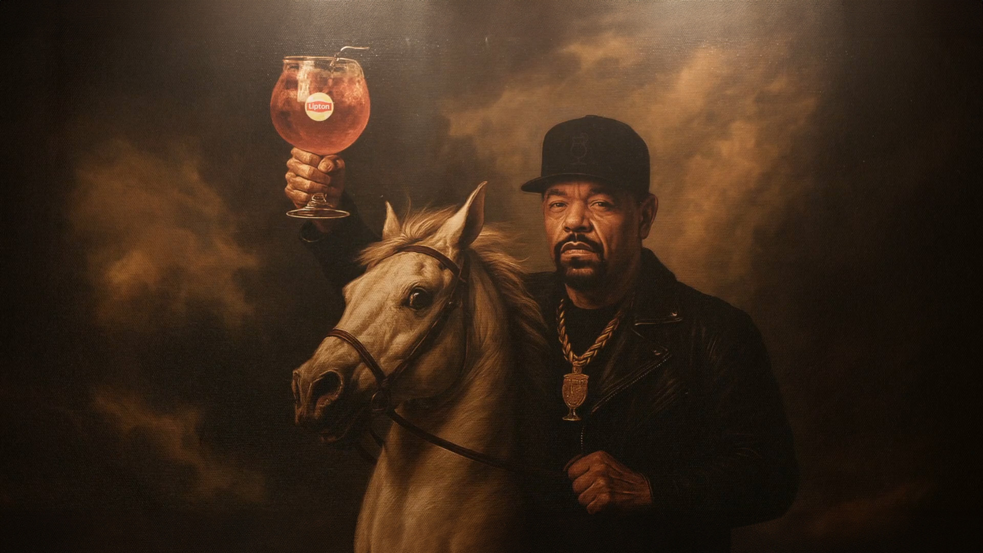 OG met Lipton op paard schilderij.