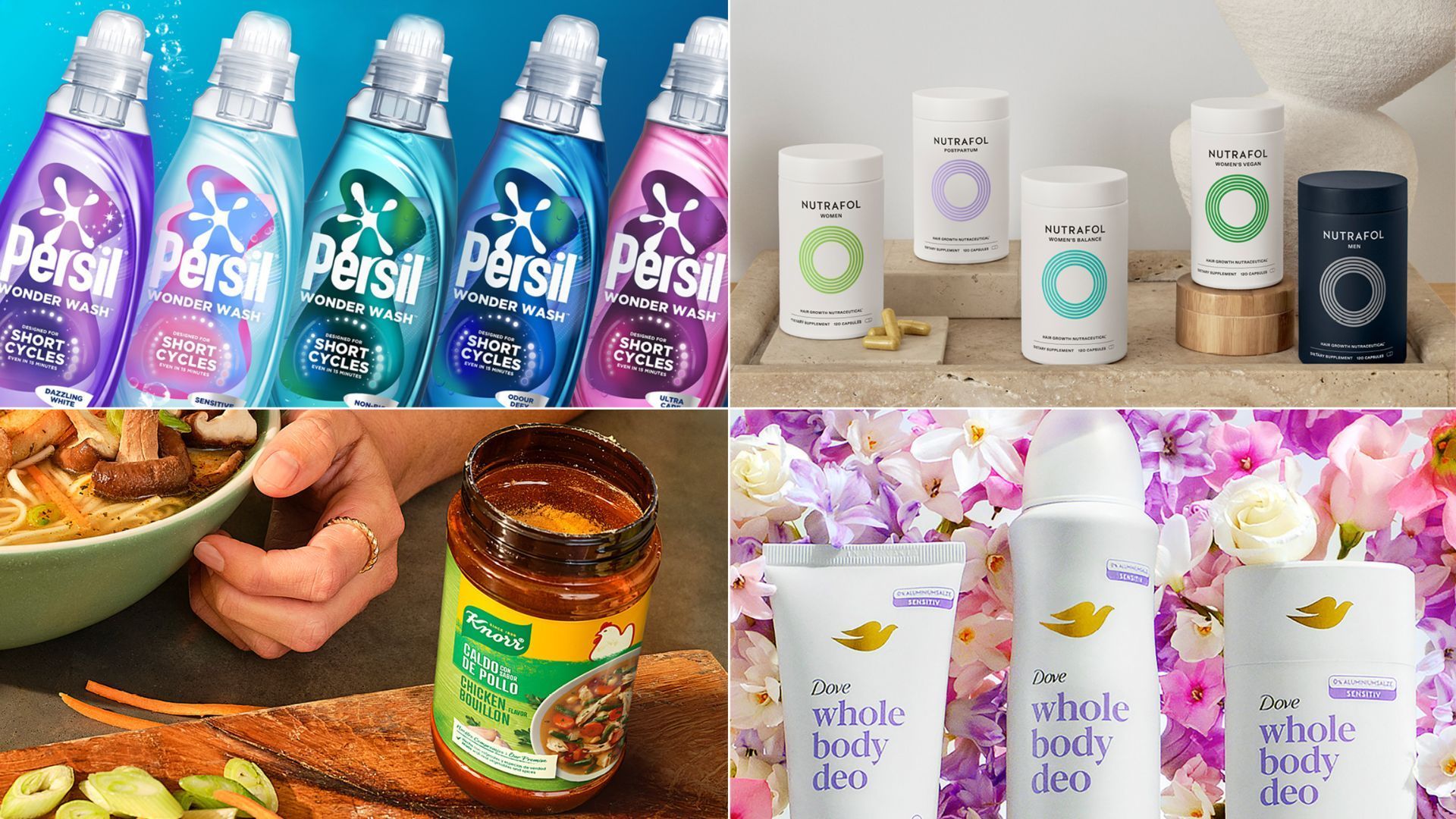 Een vier-delige collage met verschillende Unilever-producten: vijf kleurrijke flessen Persil Wonder Wash-wasmiddel; minimalistische verpakkingen van Nutrafol-voedingssupplementen tegen een beige achtergrond; iemand die met de hand eten opschept naast een pot Knorr-kruidenmix; en Dove Whole Body Deo-producten tentoongesteld tussen roze en witte bloemen.