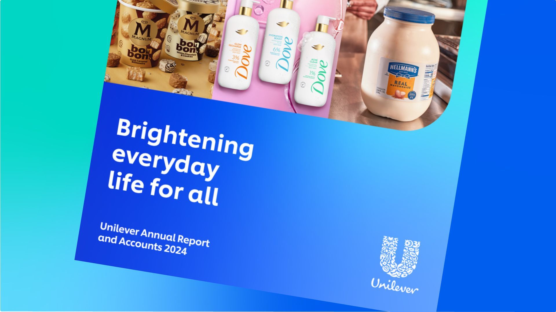 De cover van het jaarverslag en de rekeningen van Unilever voor 2024 met merkafbeeldingen van Magnum, Dove en Hellmann's