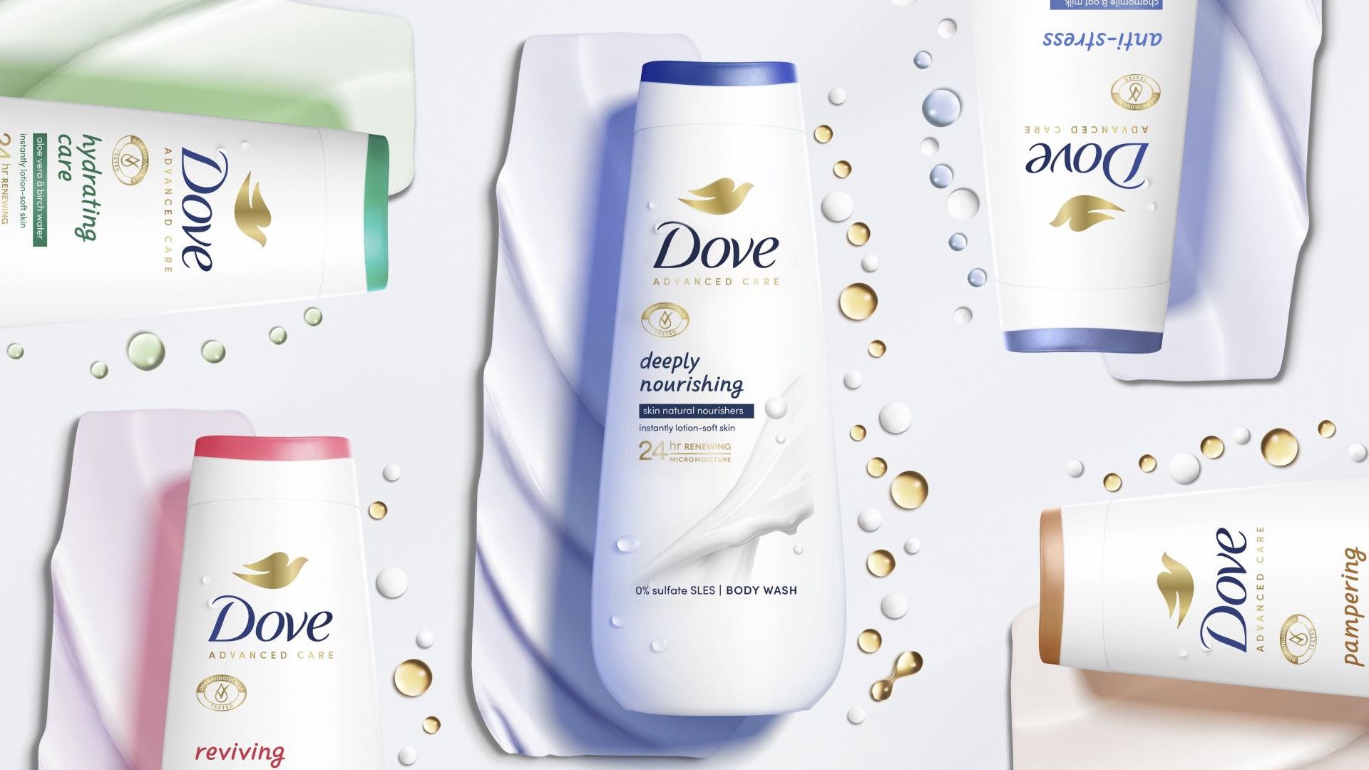 Foto van de Dove MicroMoisture Body Wash-lijn met vijf varianten en verschillende gekleurde deksels.